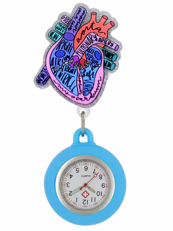 Reloj de silicona con prendedor retráctil para enfermería. - Corazón anatomía