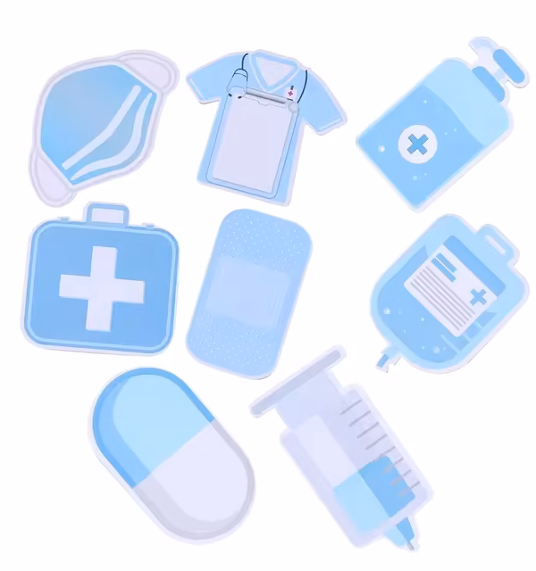 Notas autoadhesivas con forma y diseño de enfermeria y medicina celestes